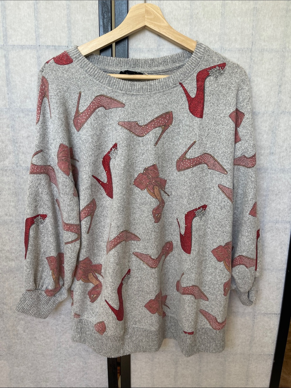 Gray Crewneck Sweater with Red Shoe Print - Women Sweaters